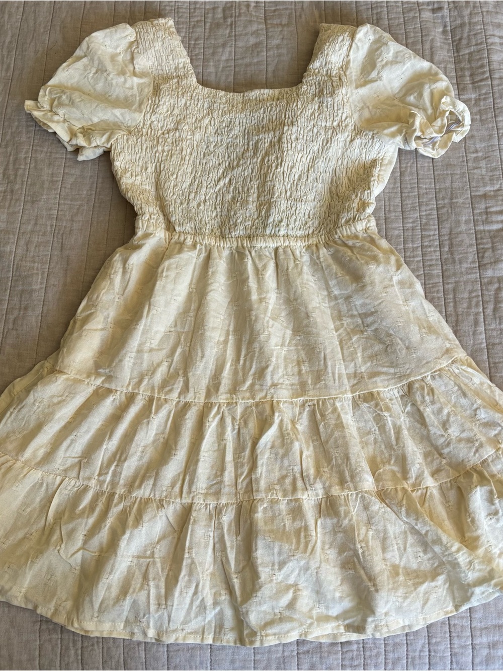 NWT Hayden Cream Smocked Bodice Tiered Puff Sleeve Dress